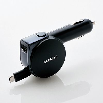 シガーチャージャー/Type-C/リールタイプ/USBポート付/おまかせ充電/90cm/5.4A/ブラック