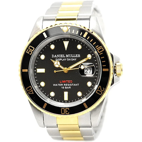 【クリックでお店のこの商品のページへ】ダニエルミューラー 腕時計 ステンレス製 100m防水 ダイバーズウォッチ ゴールド×ブラック ：DM-2018TGB