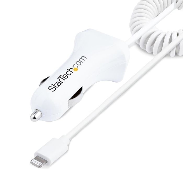 シガーソケットカーチャージャー/コイル型/Lightningケーブル/1m/1x USB-Aポート/12W/ホワイト