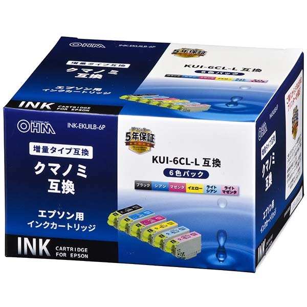 オーム電機 INK-EKUILB-6P エプソン 増量タイプ クマノミ KUI-6CL-L互換インク(6色パック) (INKEKUILB6P)